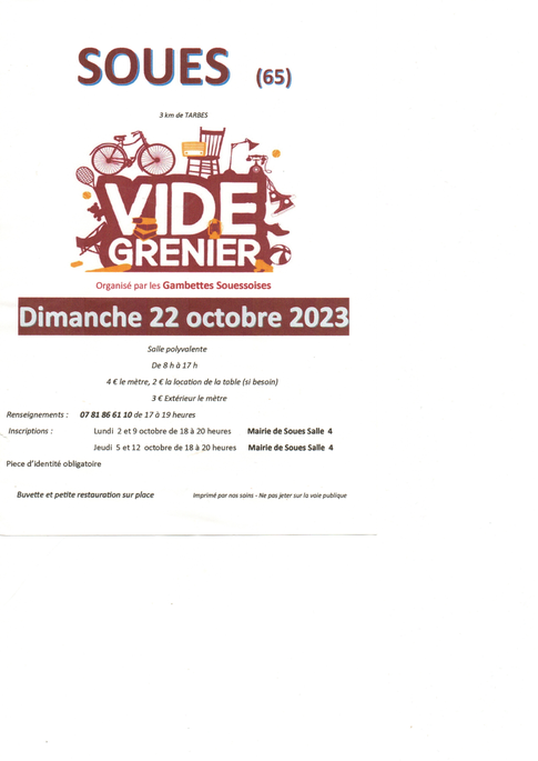 Vide grenier le 22 octobre 2023